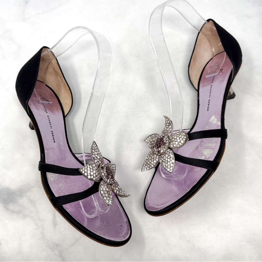 Giuseppe Zanotti Vicini Vintage Y2K Embellish Flower Silk Kitten Heel Mules Rare - Picture 3 of 15